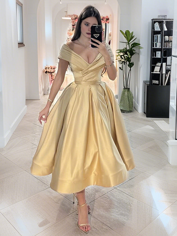 A-line V-neck Pleated Tea-Length  Satin Corset Dress