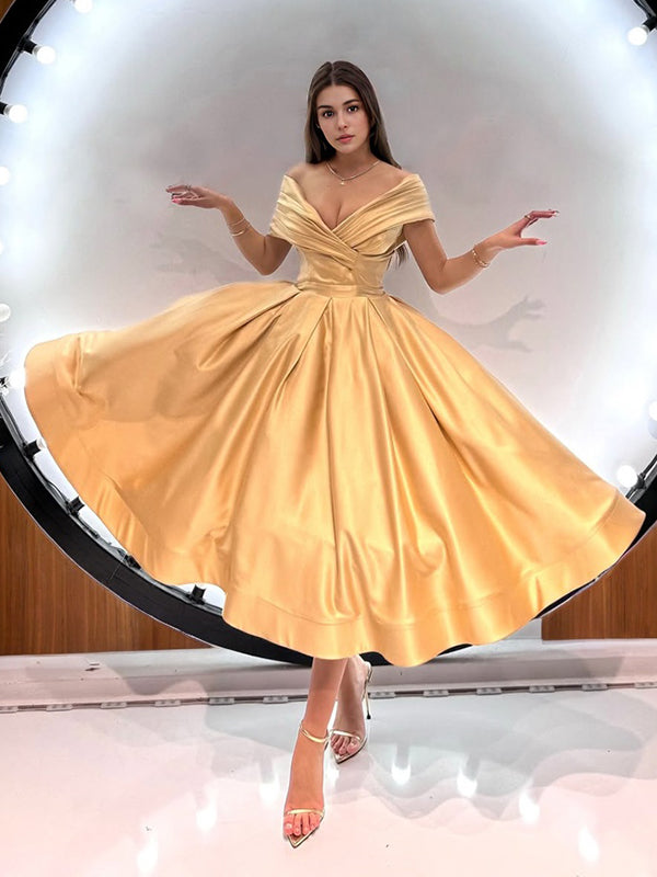 A-line V-neck Pleated Tea-Length  Satin Corset Dress