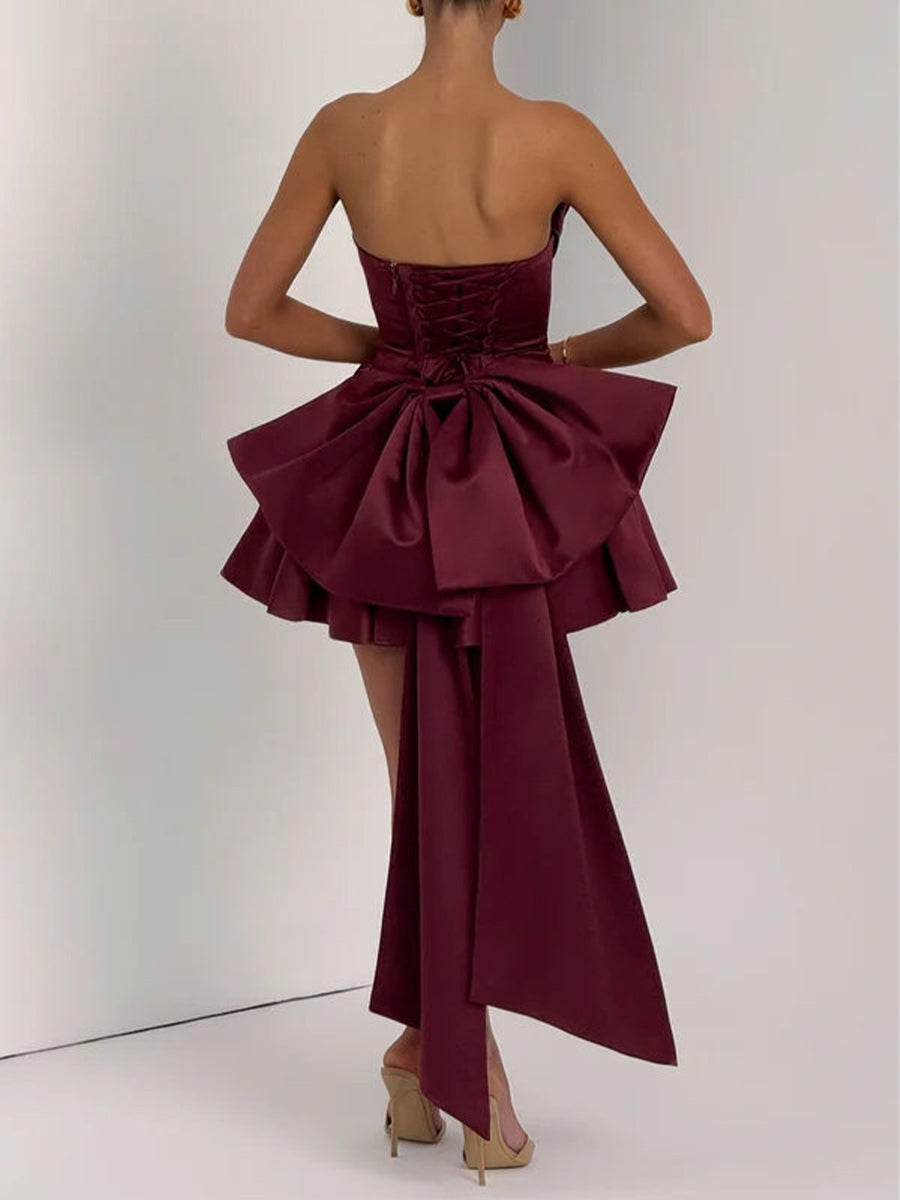 A-line Cowl Bow Short/Mini Satin Dress