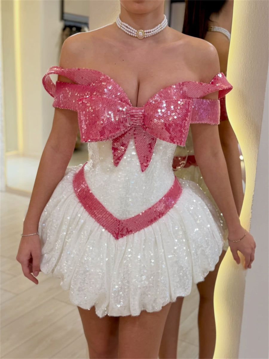 A-line/Princess Off-the-Shoulder Bow Short/Mini Sequins Corset Homecoming Dress
