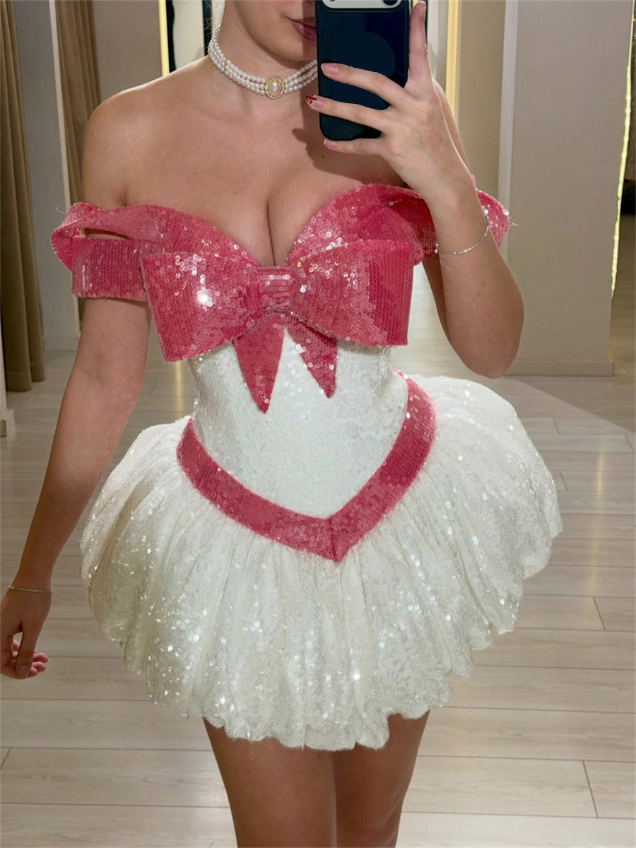 A-line/Princess Off-the-Shoulder Bow Short/Mini Sequins Corset Homecoming Dress