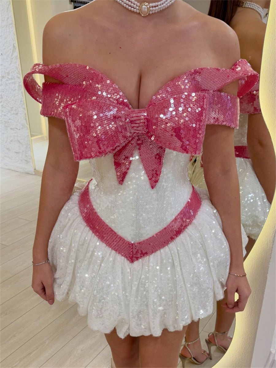 A-line/Princess Off-the-Shoulder Bow Short/Mini Sequins Corset Homecoming Dress