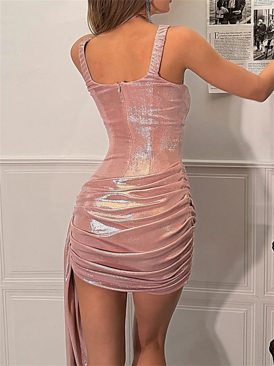 Sheath/Column Straps Pleated Short/Mini Metallic Satin Corset Homecoming Dress