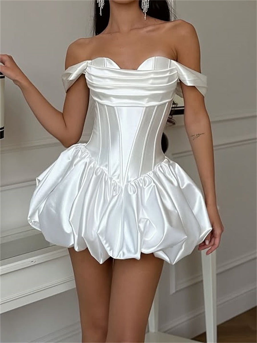 A-line/Princess Off-the-Shoulder Pleated Short/Mini Silk Like Satin Corset Homecoming Dress