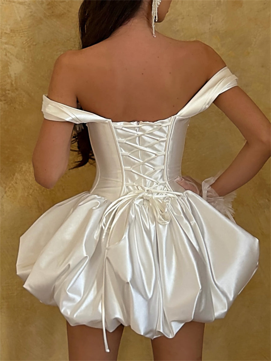 A-line/Princess Off-the-Shoulder Pleated Short/Mini Silk Like Satin Corset Homecoming Dress