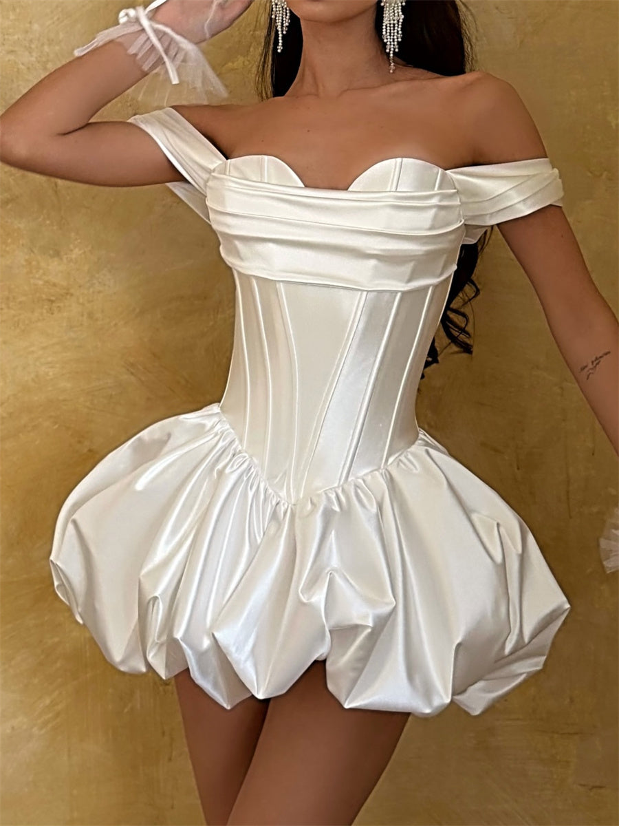 A-line/Princess Off-the-Shoulder Pleated Short/Mini Silk Like Satin Corset Homecoming Dress