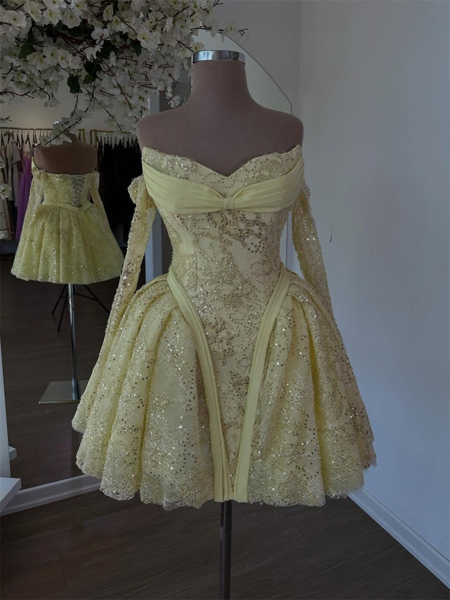 A-line/Princess Off-the-Shoulder Long Sleeves Pleated Short/Mini Lace Corset Homecoming Dress