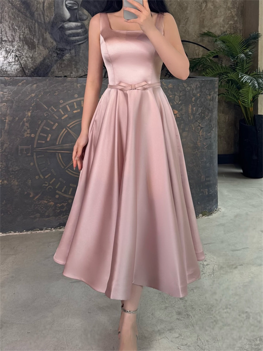 A-line/Princess Straps Bow Tea-Length Satin Corset Homecoming Dress