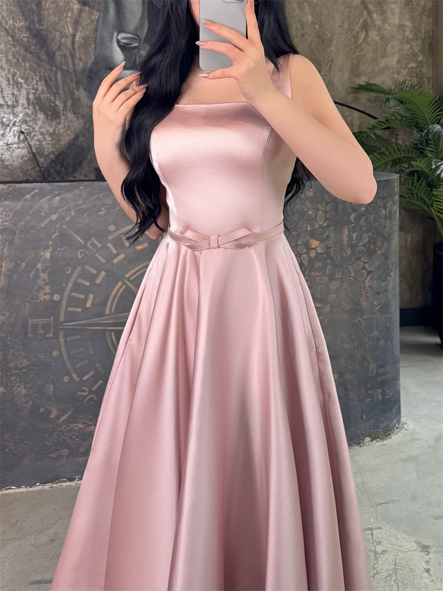 A-line/Princess Straps Bow Tea-Length Satin Corset Homecoming Dress