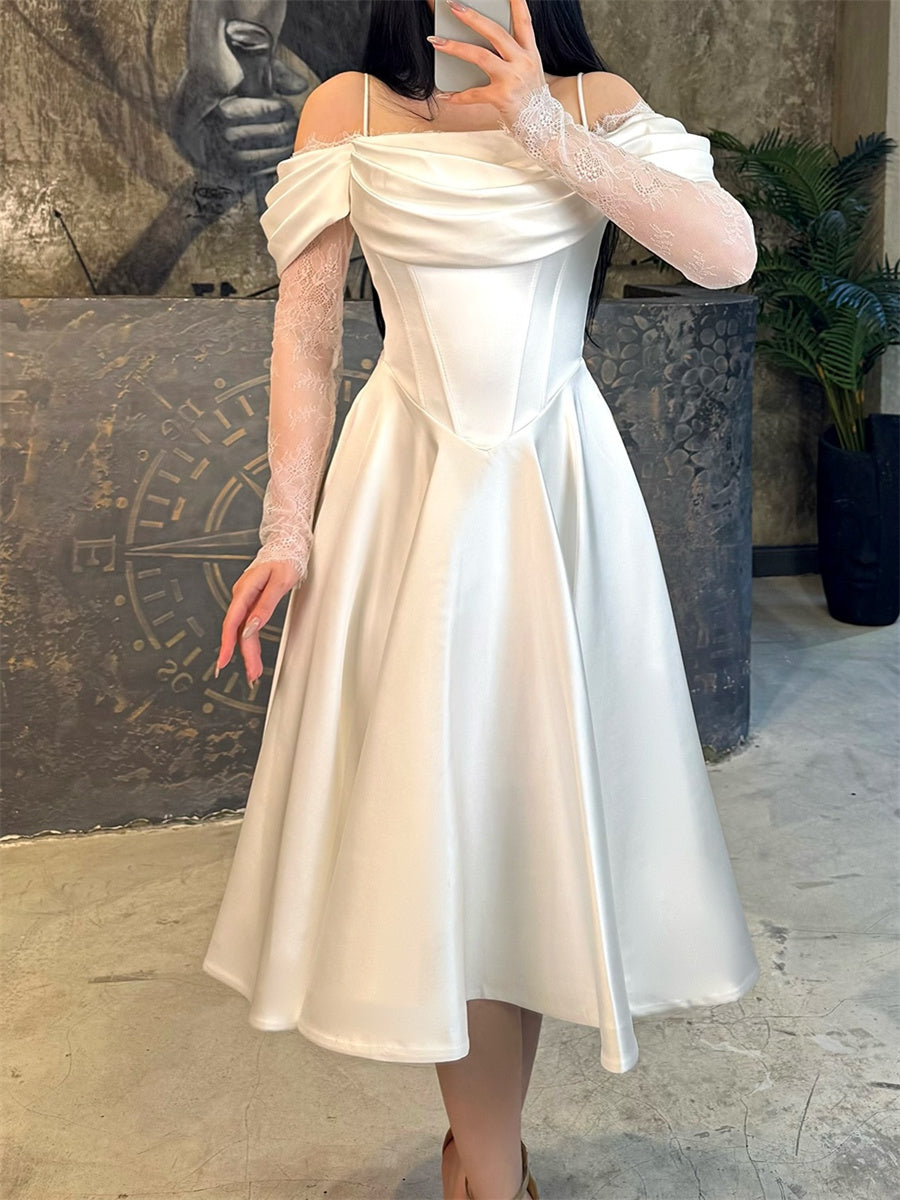 A-line/Princess Cold Shoulder Long Sleeves Pleated Tea-Length Silk Like Satin Corset Homecoming Dress