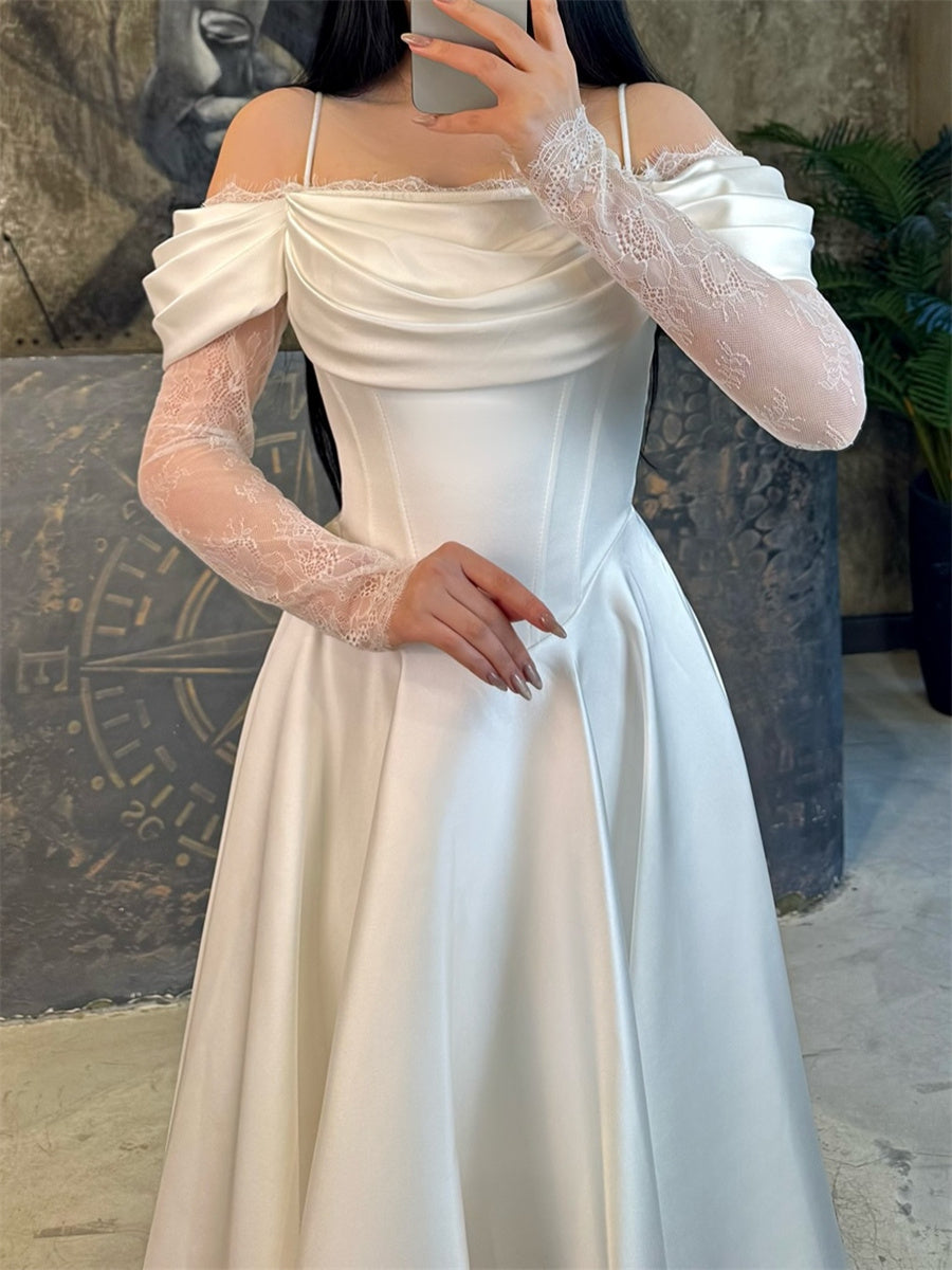 A-line/Princess Cold Shoulder Long Sleeves Pleated Tea-Length Silk Like Satin Corset Homecoming Dress