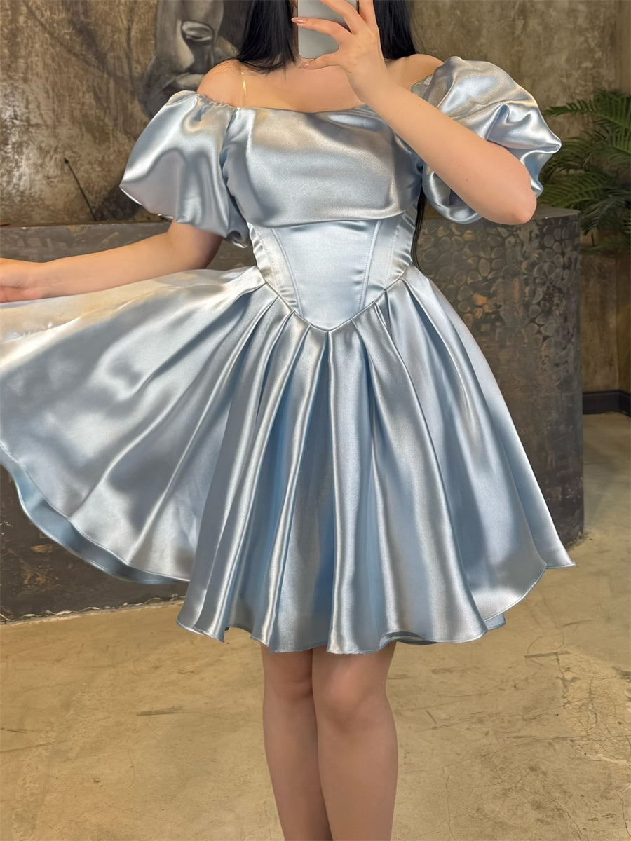 A-line/Princess Square Short Sleeves Short/Mini Silk Like Satin Corset Homecoming Dress