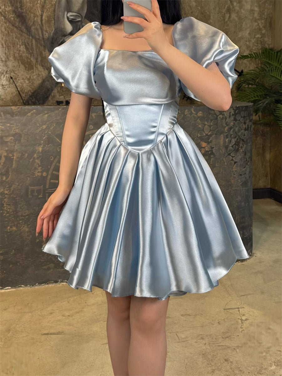 A-line/Princess Square Short Sleeves Short/Mini Silk Like Satin Corset Homecoming Dress
