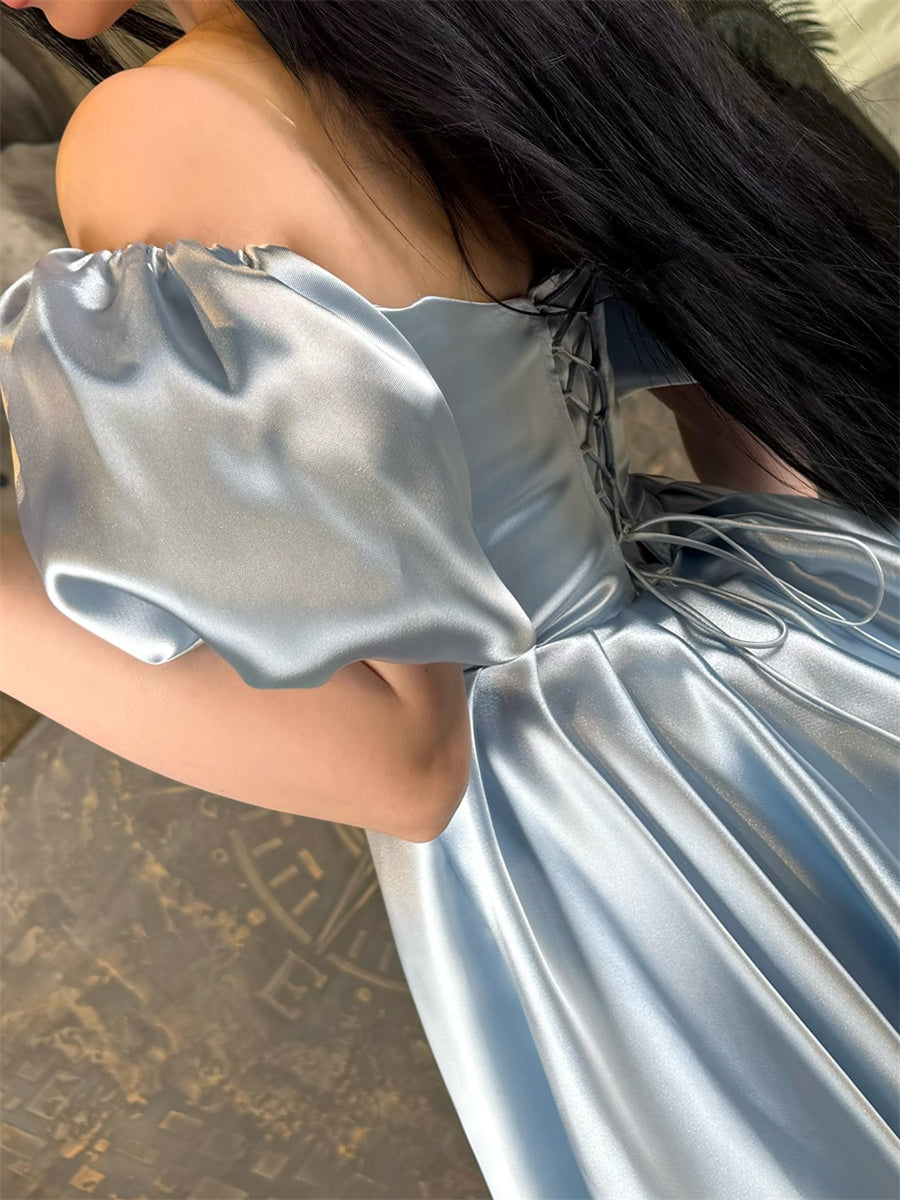 A-line/Princess Square Short Sleeves Short/Mini Silk Like Satin Corset Homecoming Dress