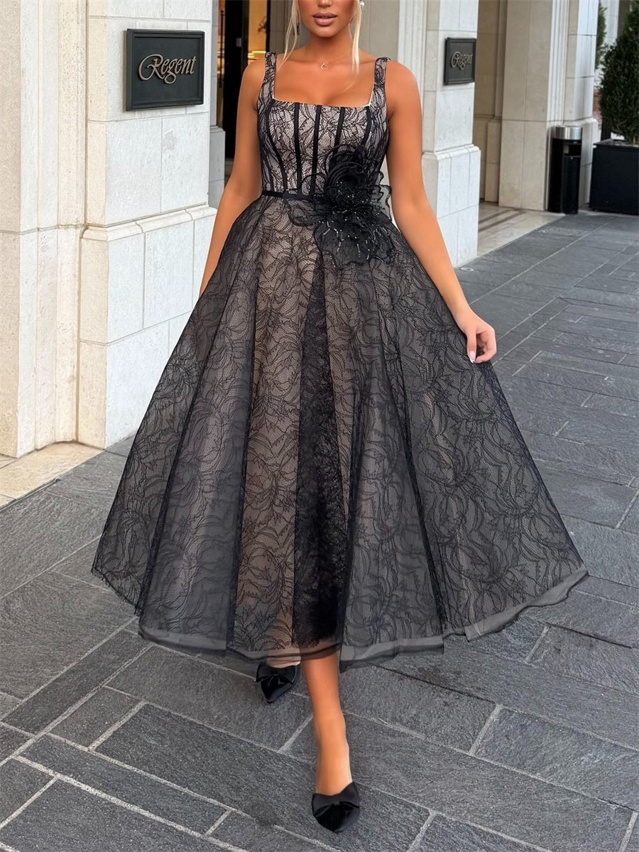 A-line/Princess Straps Flower Tea-Length Lace Corset Homecoming Dress