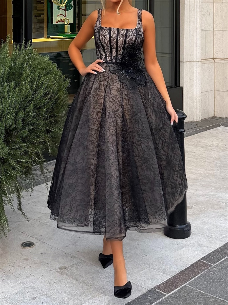 A-line/Princess Straps Flower Tea-Length Lace Corset Homecoming Dress