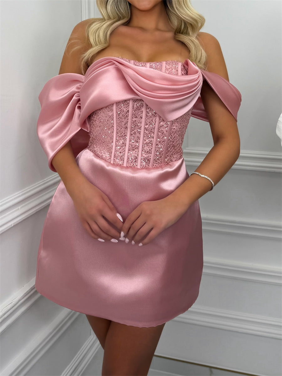 Sheath/Column Off-the-Shoulder Pleated Short/Mini Silk Like Satin Corset Homecoming Dress