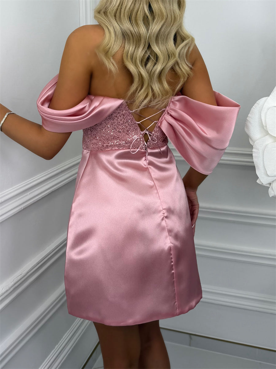 Sheath/Column Off-the-Shoulder Pleated Short/Mini Silk Like Satin Corset Homecoming Dress