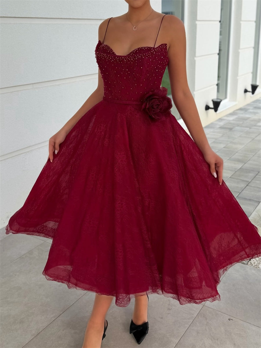 A-line/Princess Spaghetti Straps Flower Tea-Length Lace Corset Homecoming Dress