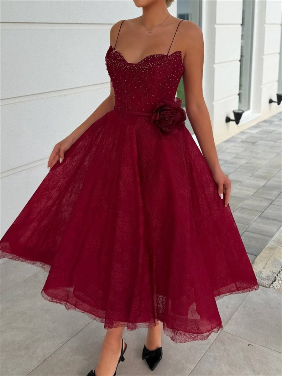 A-line/Princess Spaghetti Straps Flower Tea-Length Lace Corset Homecoming Dress