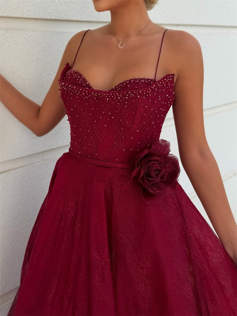 A-line/Princess Spaghetti Straps Flower Tea-Length Lace Corset Homecoming Dress