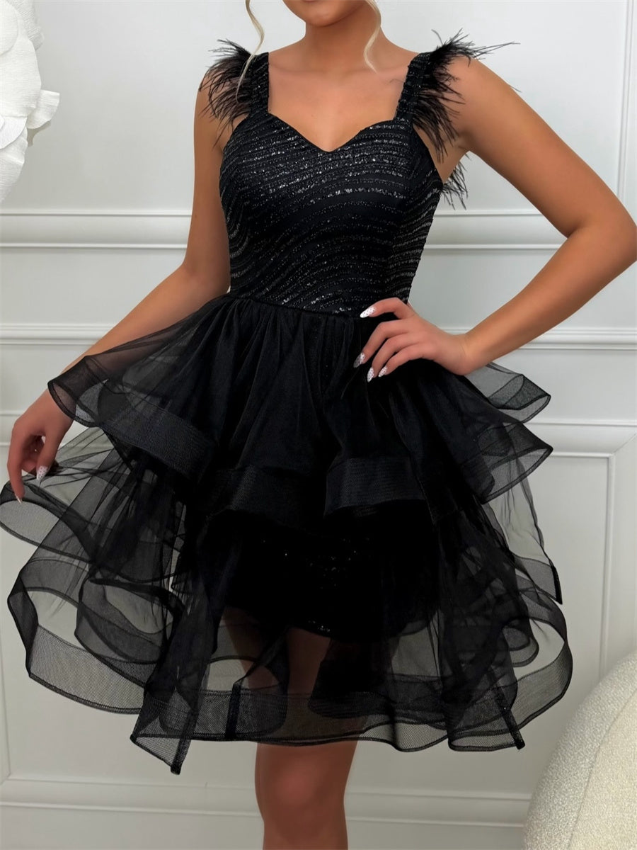 A-line/Princess Straps Cascading Ruffles Short/Mini Tulle Corset Homecoming Dress