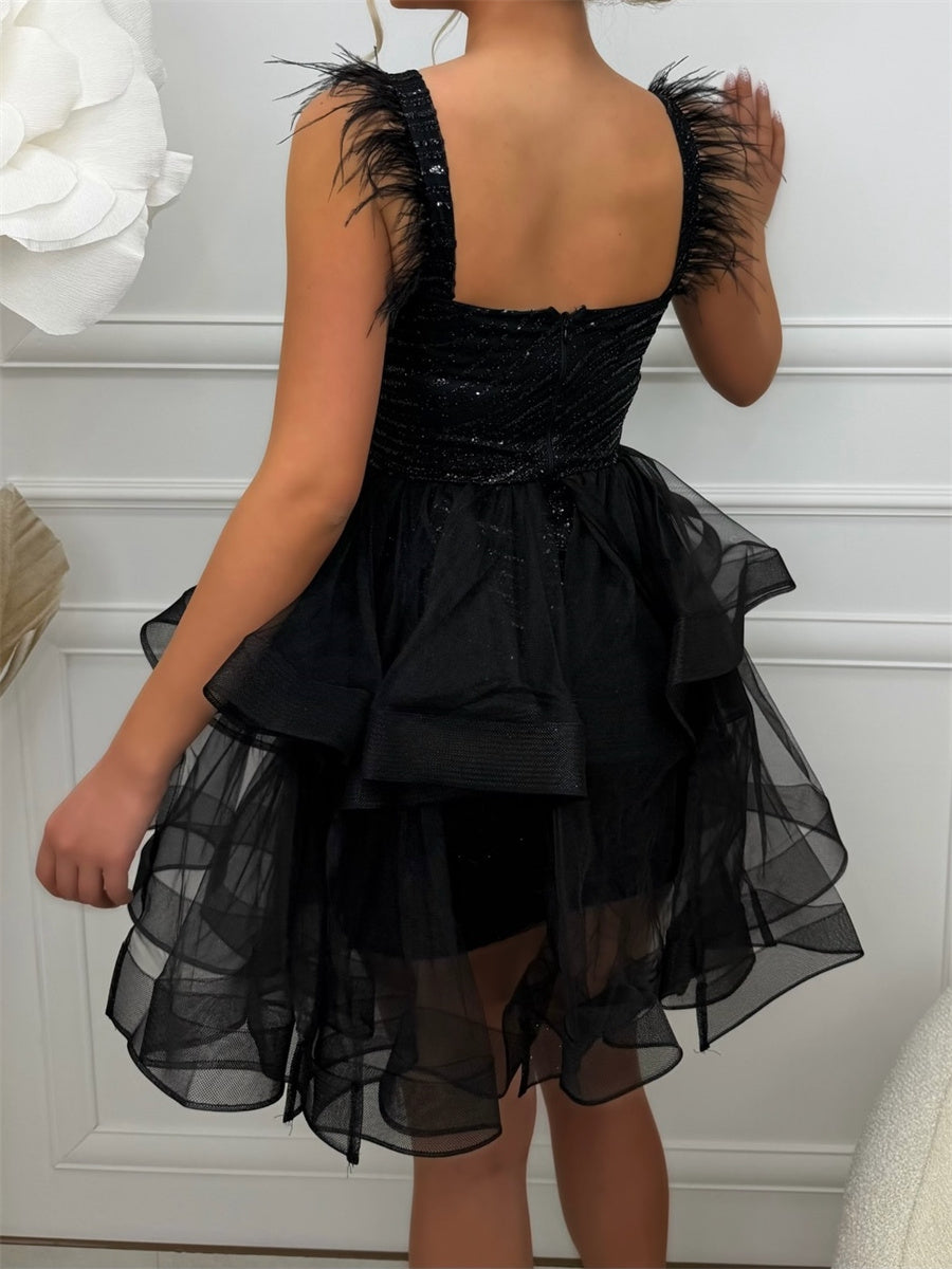 A-line/Princess Straps Cascading Ruffles Short/Mini Tulle Corset Homecoming Dress