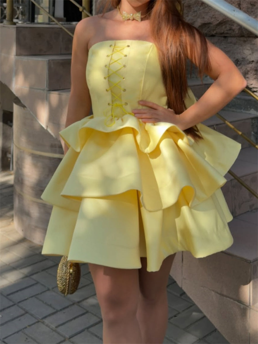 A-line/Princess Straight Cascading Ruffles Short/Mini Satin Corset Homecoming Dress