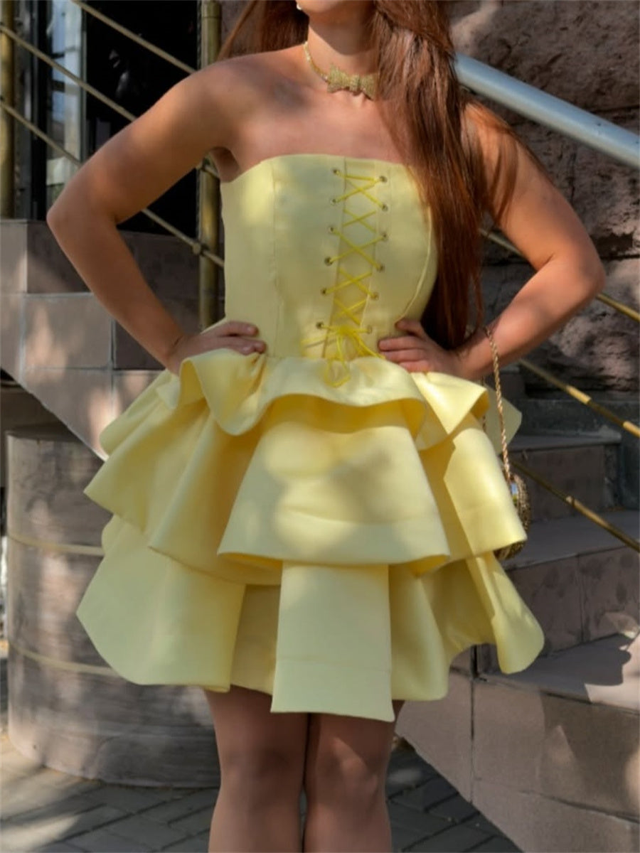 A-line/Princess Straight Cascading Ruffles Short/Mini Satin Corset Homecoming Dress