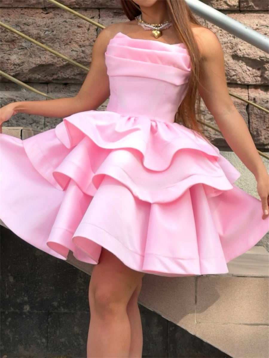 A-line/Princess Straight Cascading Ruffles Short/Mini Satin Corset Homecoming Dress