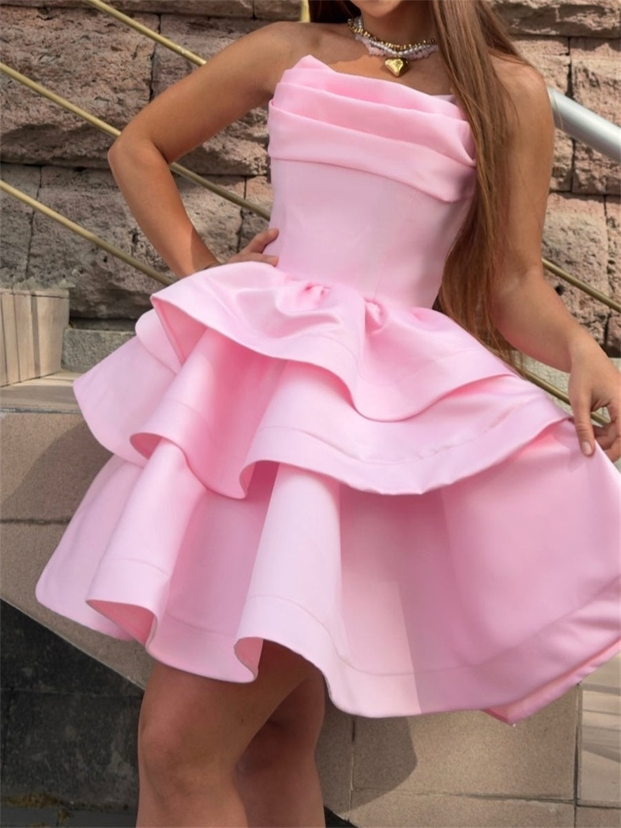 A-line/Princess Straight Cascading Ruffles Short/Mini Satin Corset Homecoming Dress