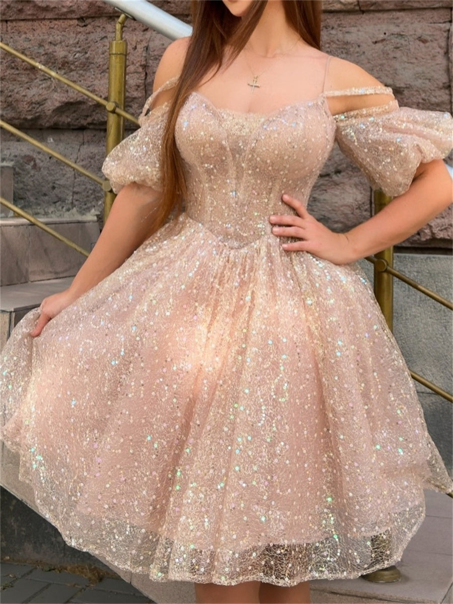 A-line/Princess Cold Shoulder Short Sleeves Short/Mini Lace Corset Homecoming Dress