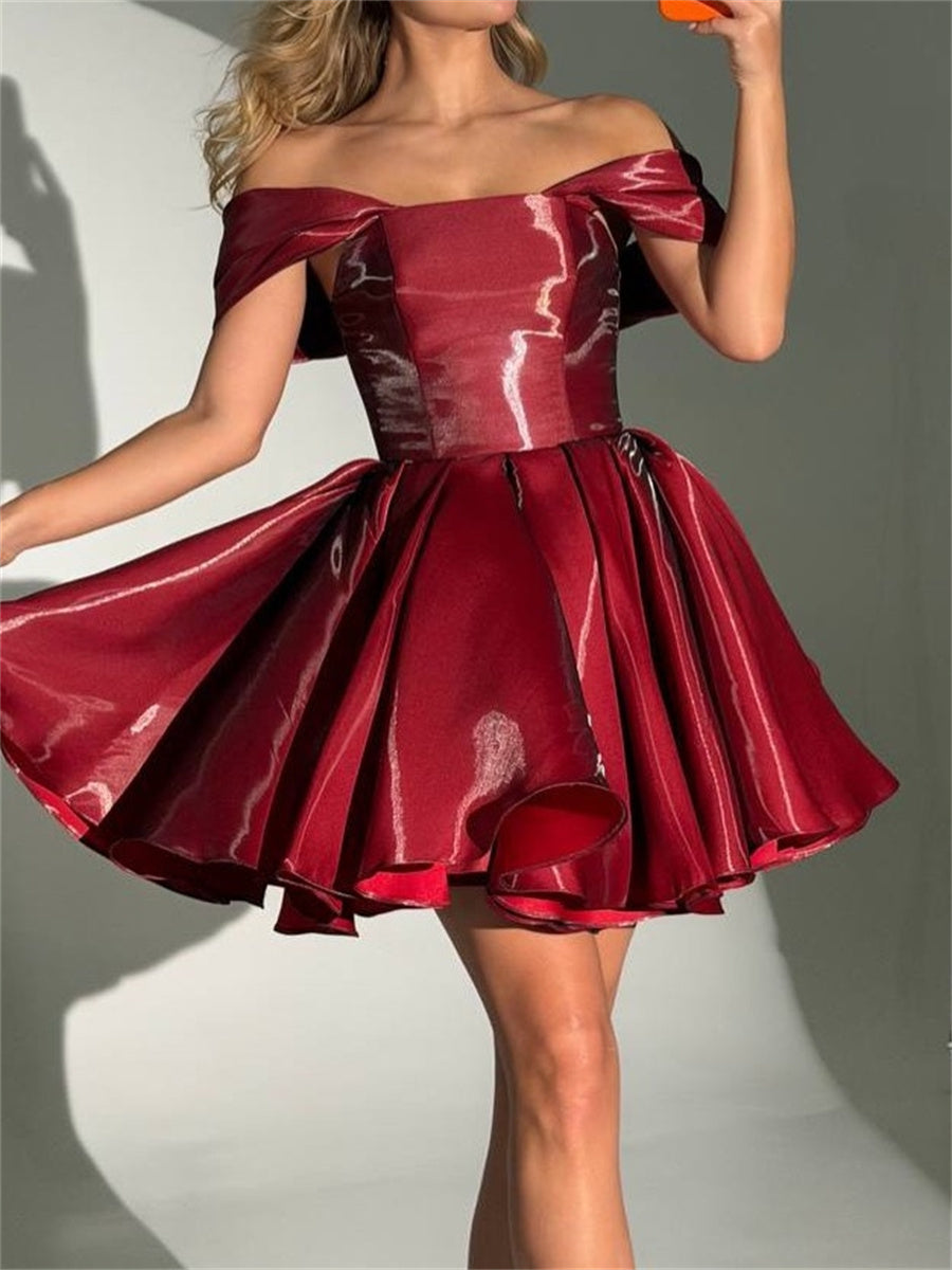 A-line/Princess Off-the-Shoulder Pleated Short/Mini Corset Homecoming Dress