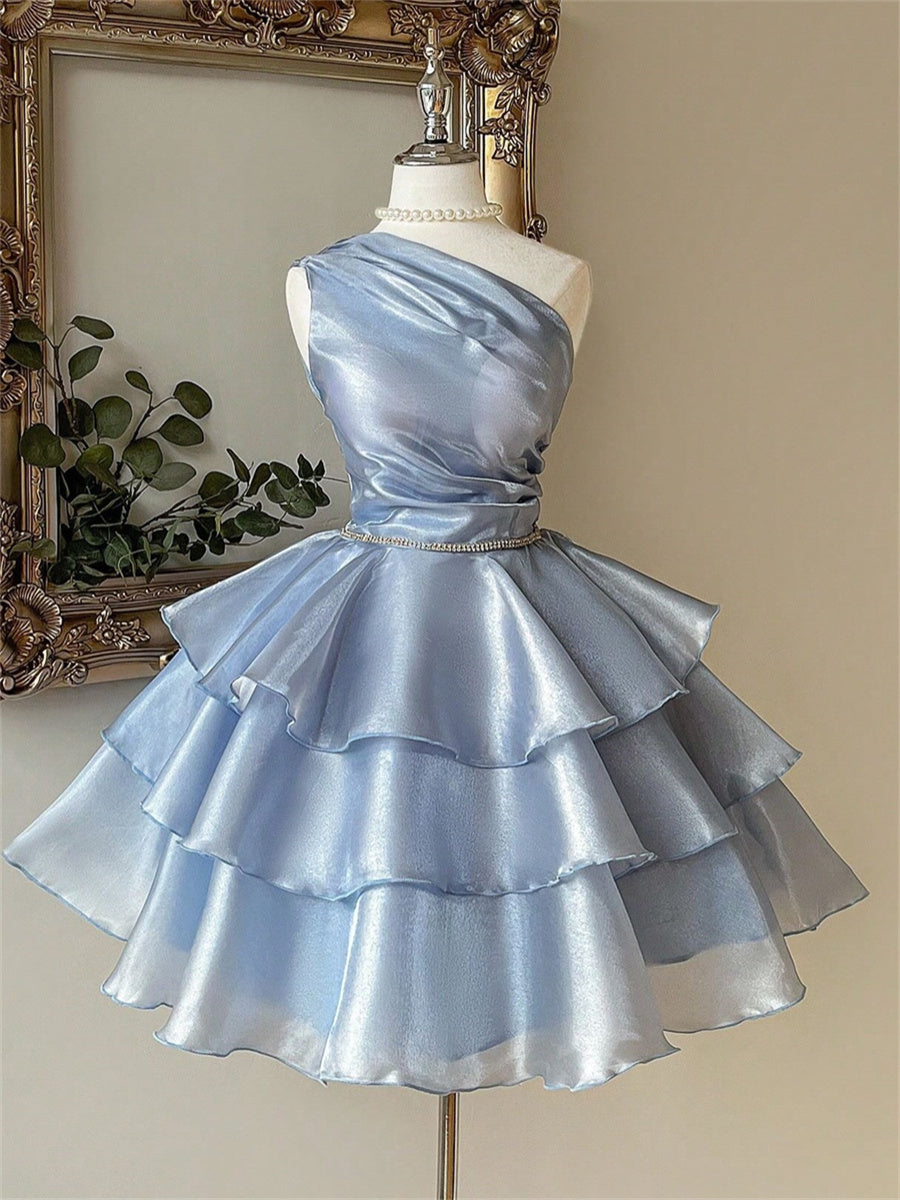 A-line/Princess One-Shoulder Cascading Ruffles Short/Mini Organza Homecoming Dress
