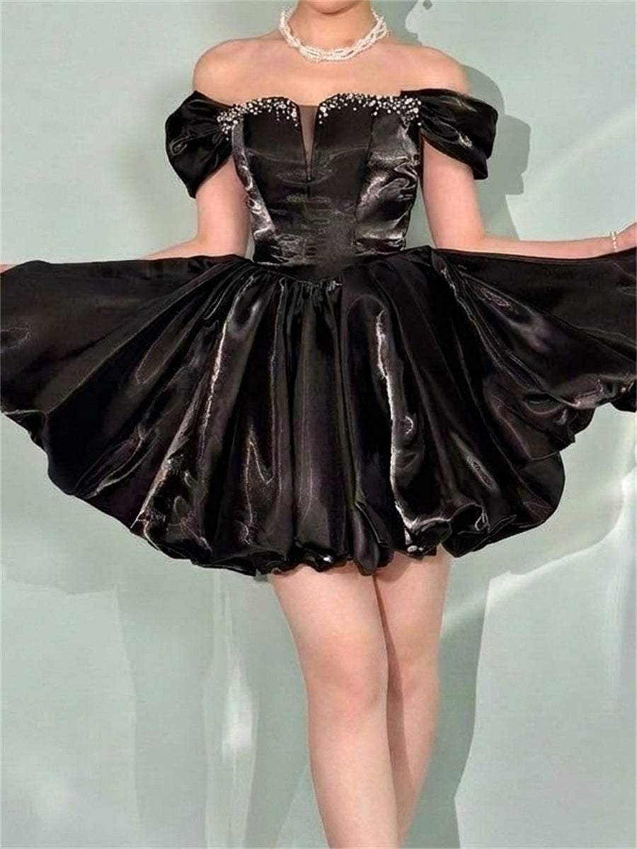 A-line/Princess Off-the-Shoulder Rhinestone Short/Mini Corset Homecoming Dress