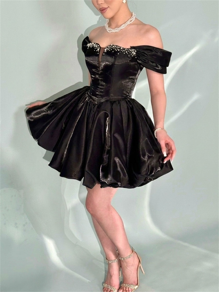A-line/Princess Off-the-Shoulder Rhinestone Short/Mini Corset Homecoming Dress