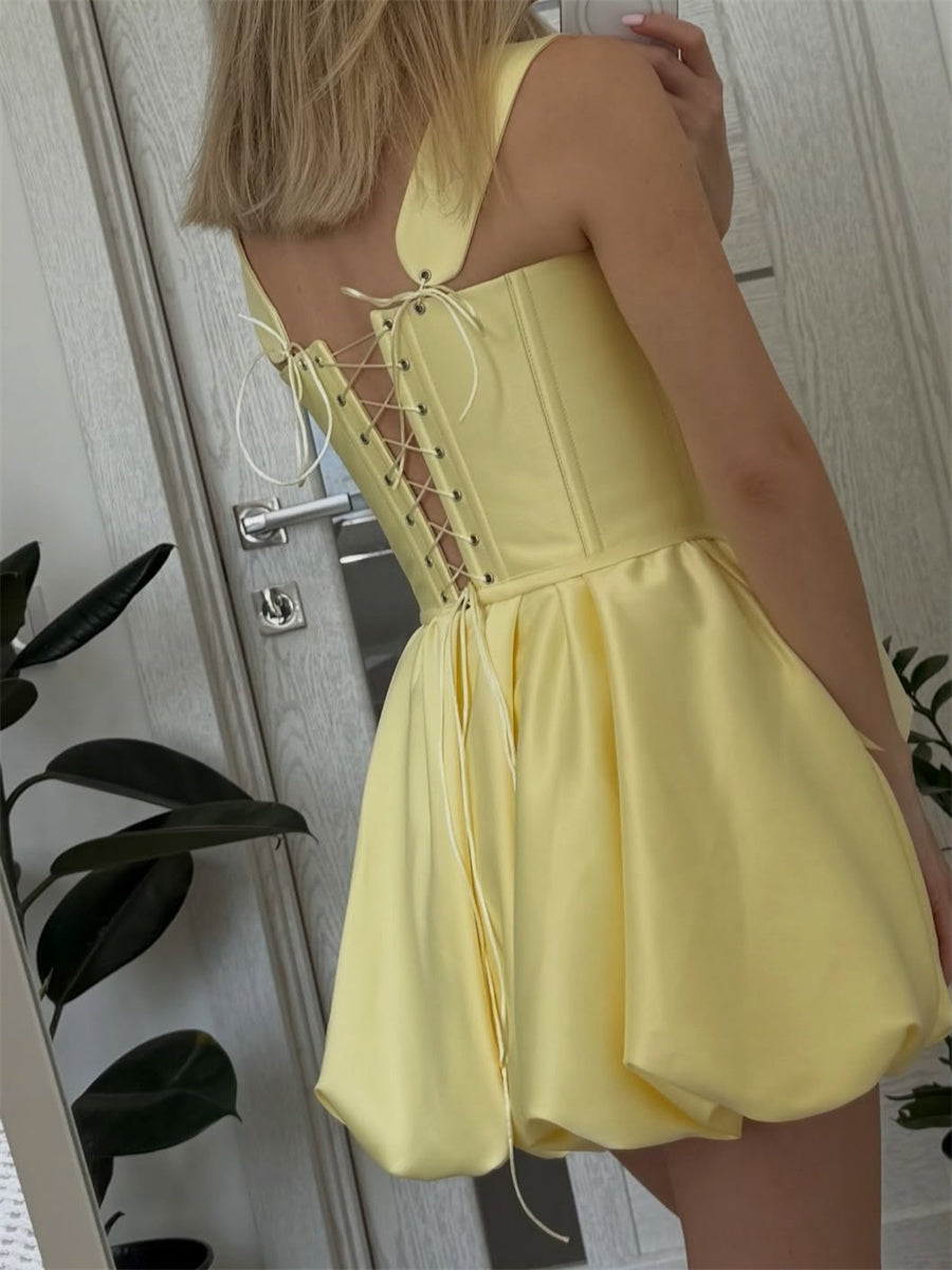 A-line/Princess Straps Bow Short/Mini Satin Corset Homecoming Dress