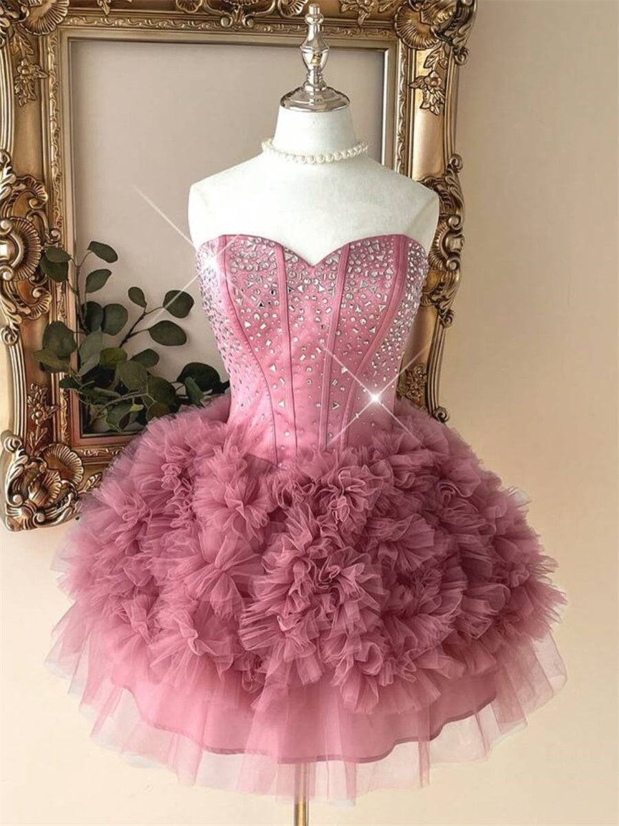 A-line/Princess Sweetheart Rhinestone Short/Mini Tulle Corset Homecoming Dress