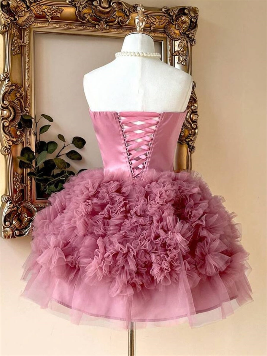 A-line/Princess Sweetheart Rhinestone Short/Mini Tulle Corset Homecoming Dress