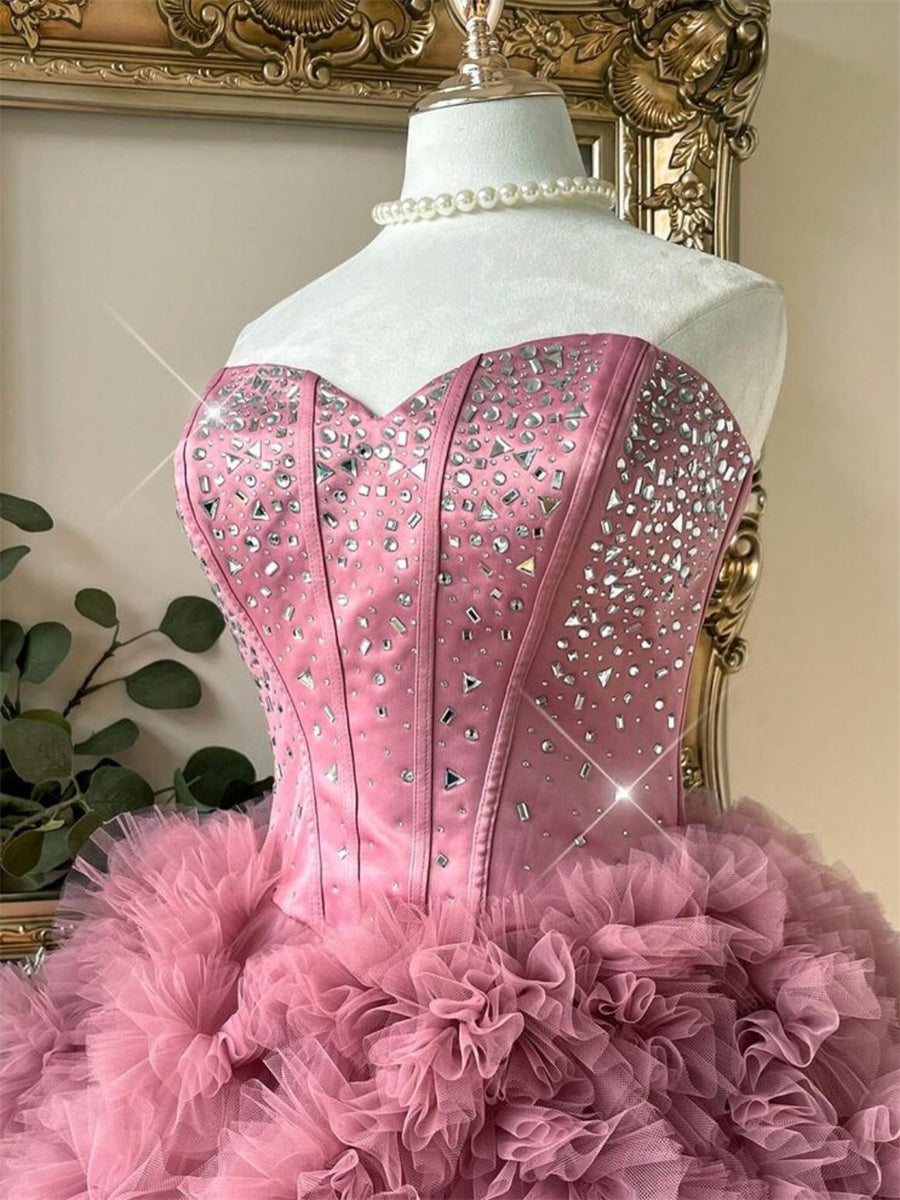 A-line/Princess Sweetheart Rhinestone Short/Mini Tulle Corset Homecoming Dress