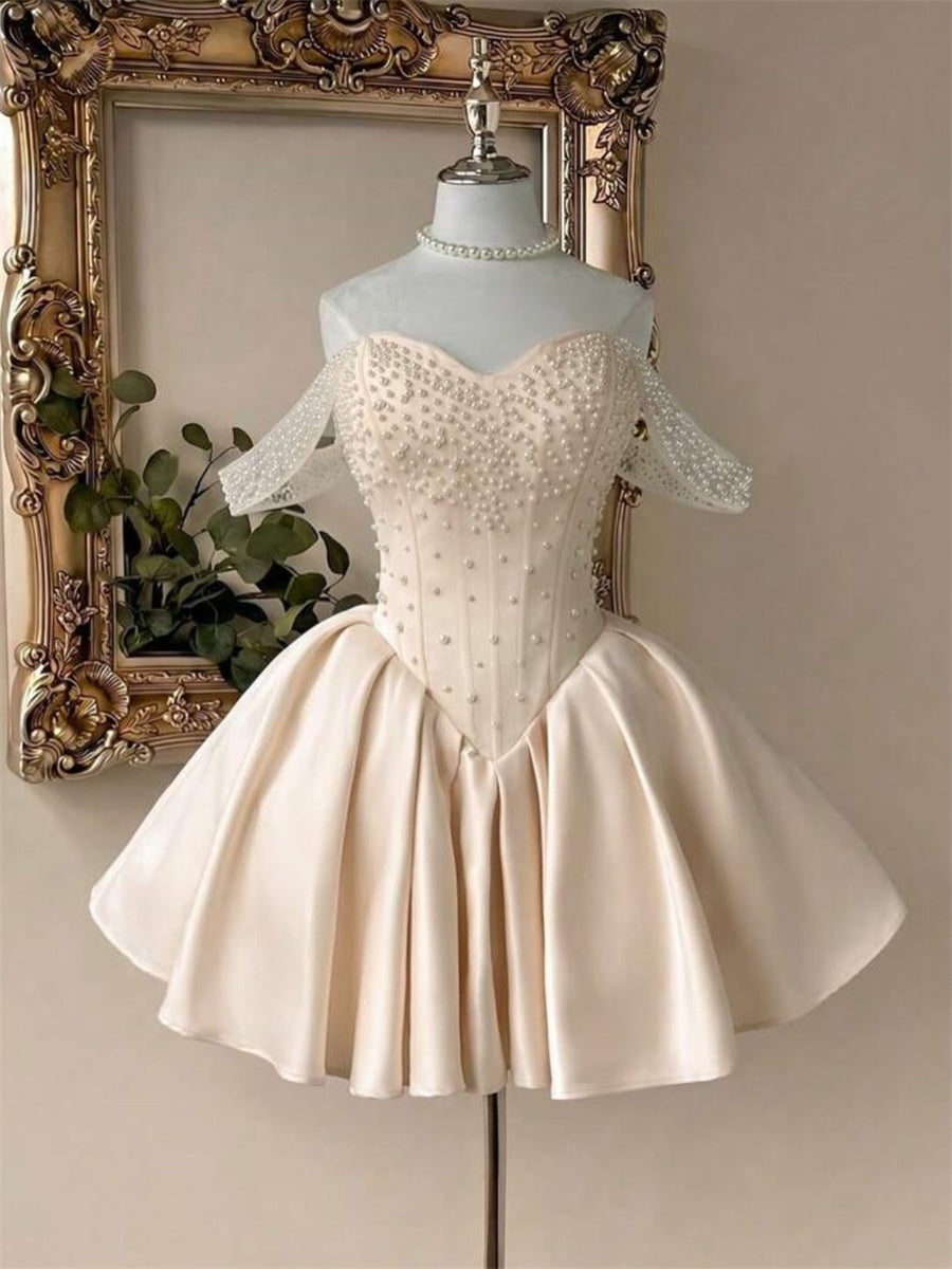 A-line/Princess Off-the-Shoulder Beading Short/Mini Satin Corset Homecoming Dress