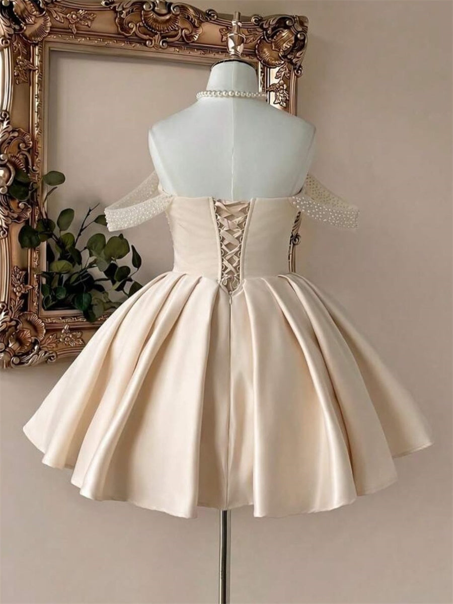 A-line/Princess Off-the-Shoulder Beading Short/Mini Satin Corset Homecoming Dress