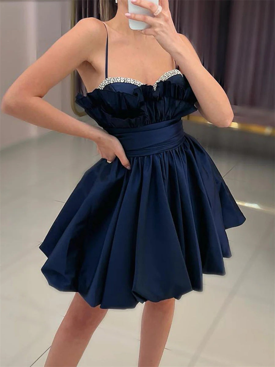 A-line/Princess Spaghetti Straps Rhinestone Short/Mini Satin Corset Homecoming Dress