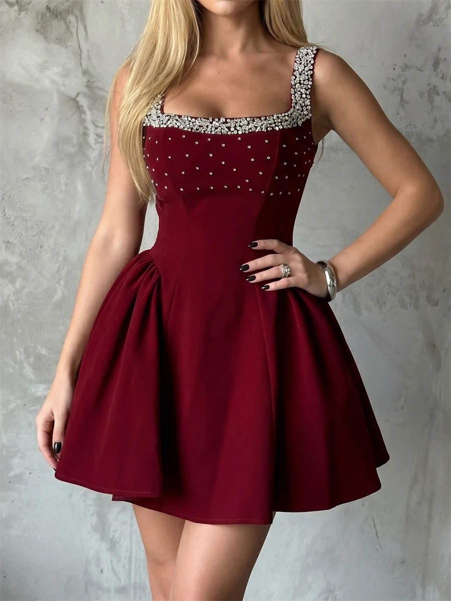 A-line/Princess Square Rhinestone Short/Mini Stretch Crepe Corset Homecoming Dress