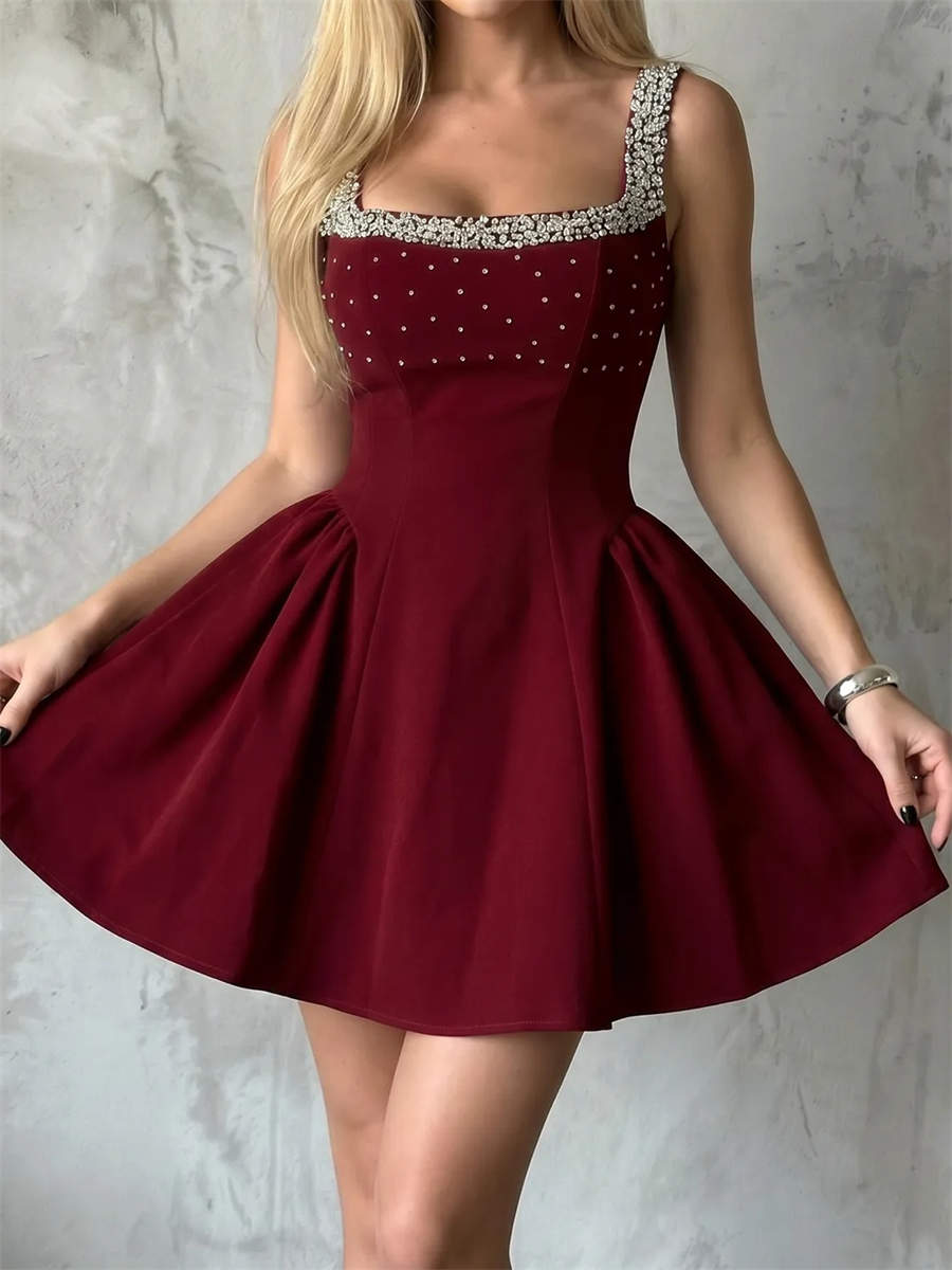 A-line/Princess Square Rhinestone Short/Mini Stretch Crepe Corset Homecoming Dress
