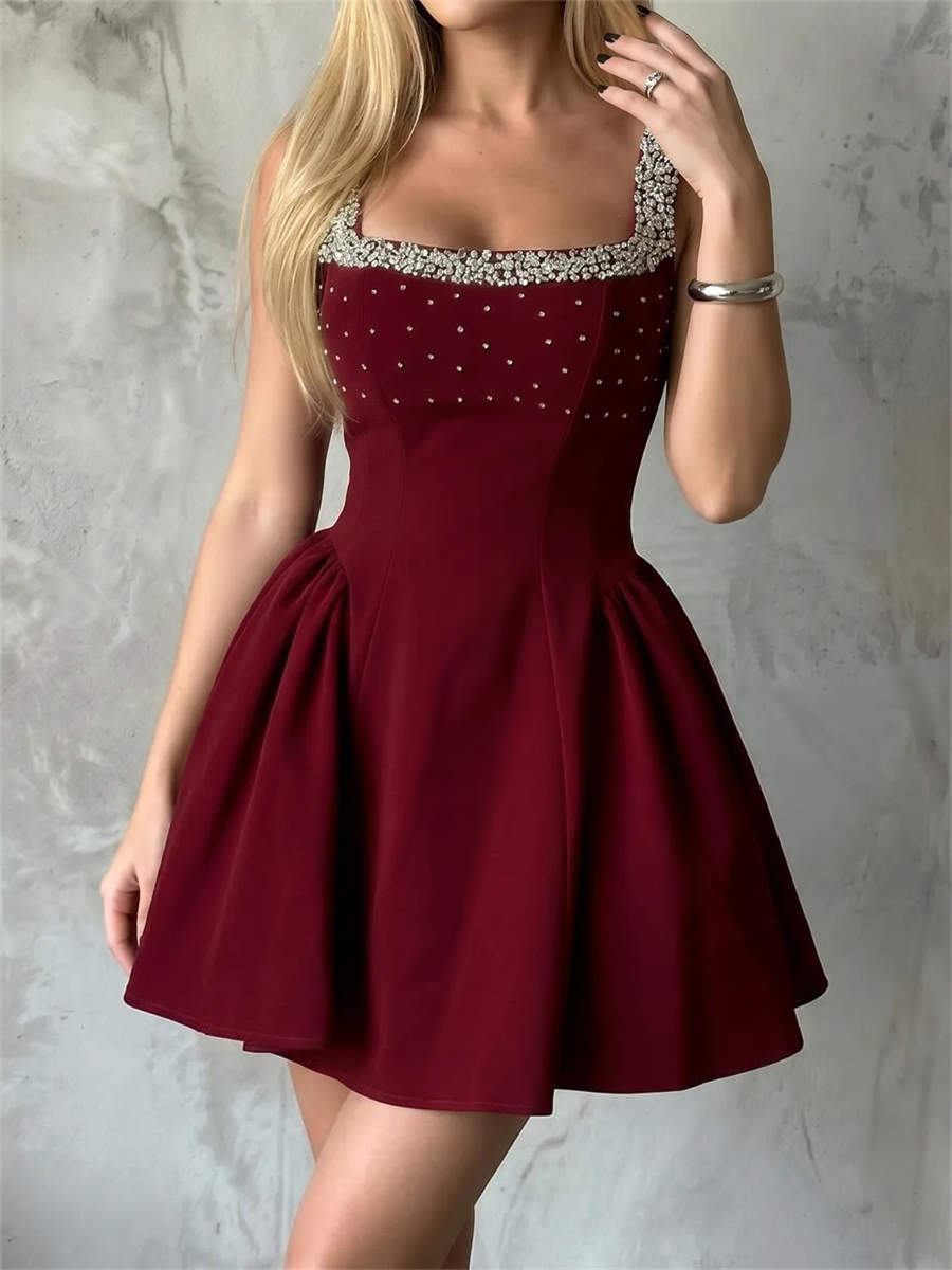 A-line/Princess Square Rhinestone Short/Mini Stretch Crepe Corset Homecoming Dress