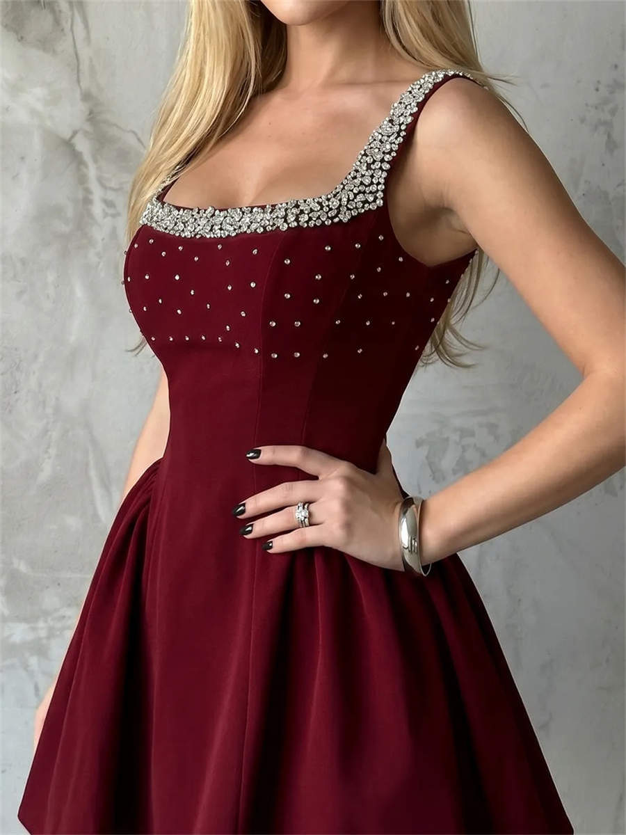A-line/Princess Square Rhinestone Short/Mini Stretch Crepe Corset Homecoming Dress