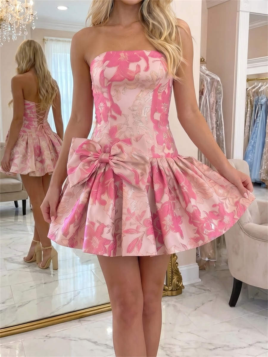 A-line/Princess Straight Bow Short/Mini Corset Homecoming Dress