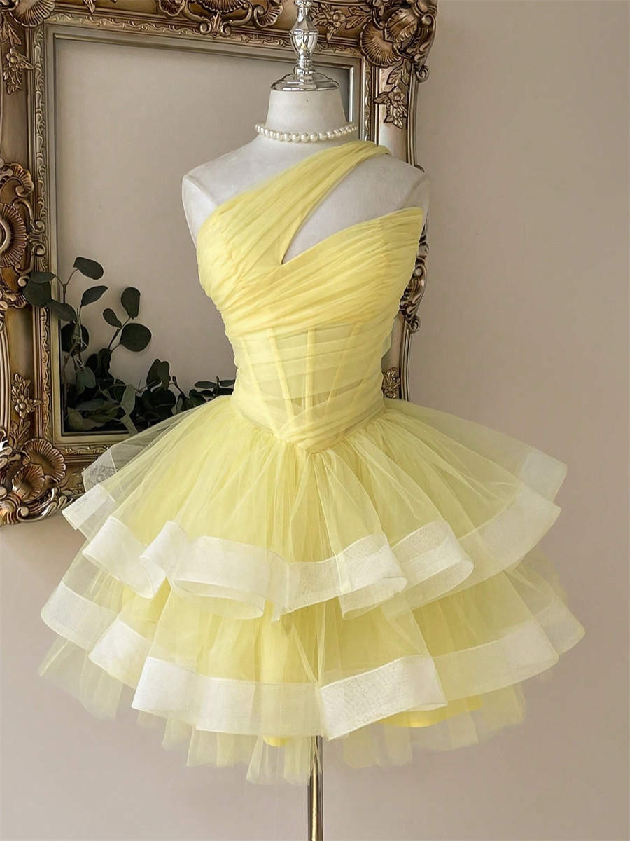 A-line/Princess One-Shoulder Cascading Ruffles Short/Mini Tulle Corset Homecoming Dress