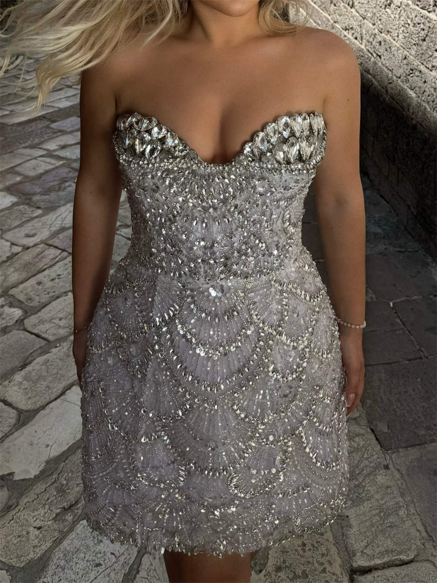 Sheath/Column Sweetheart Rhinestone Short/Mini Tulle Corset Homecoming Dress